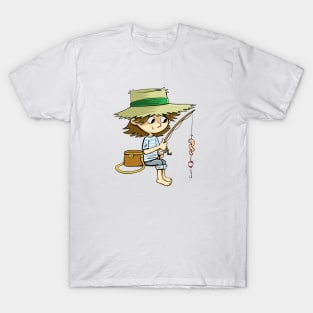 boy with a fishing rod is fishing and worms T-Shirt